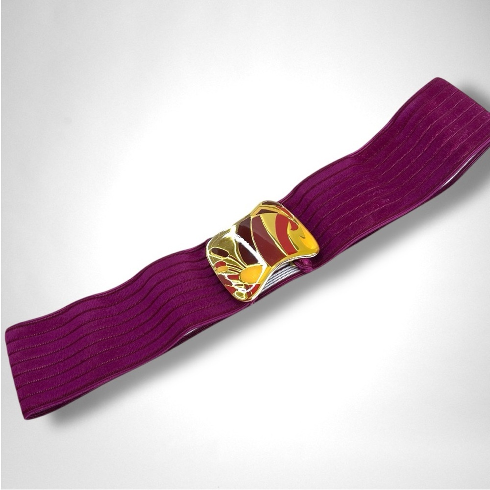 Vintage 80’s CHARMANT of Beverly Hills Elastic Belt with Gold Art Deco Buckle - Picture 3 of 5